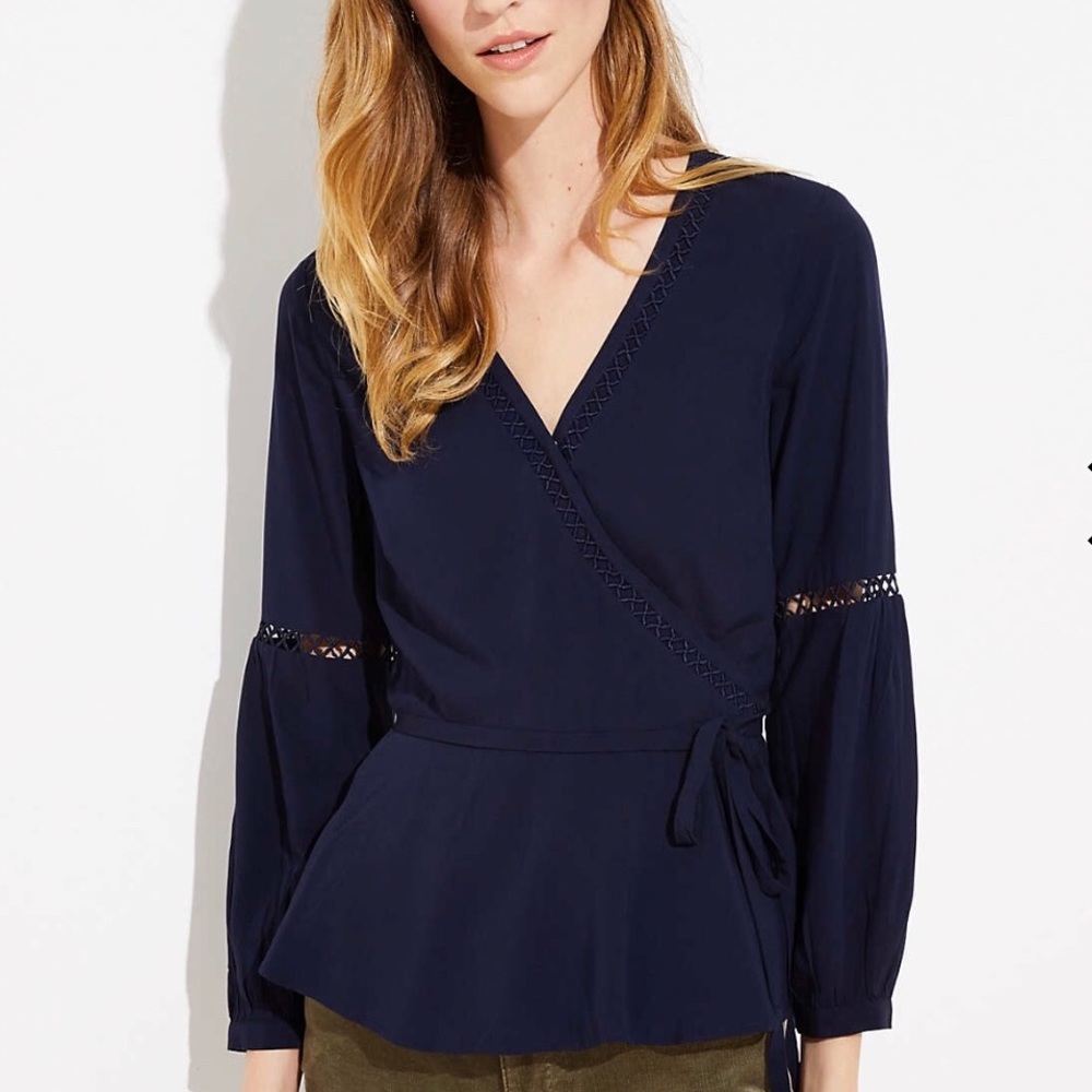 Loft Navy Lattice Poof Sleeves Top Blouse XXSP